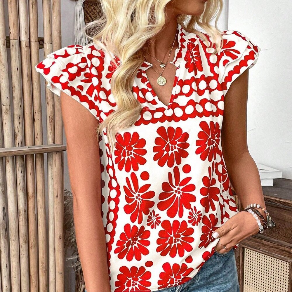 Multicolor Boho Women's Sleeveless V-Neck Blouse With All-Over Print - Picture 3 of 6